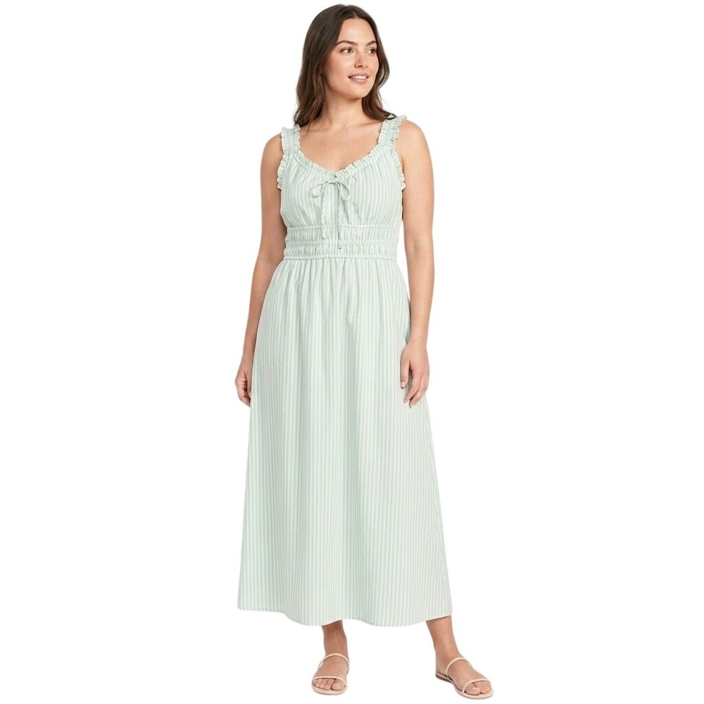 Old Navy Midi Dress Womens Large Green Stripe Cottagecore Smocked Waist Cotton